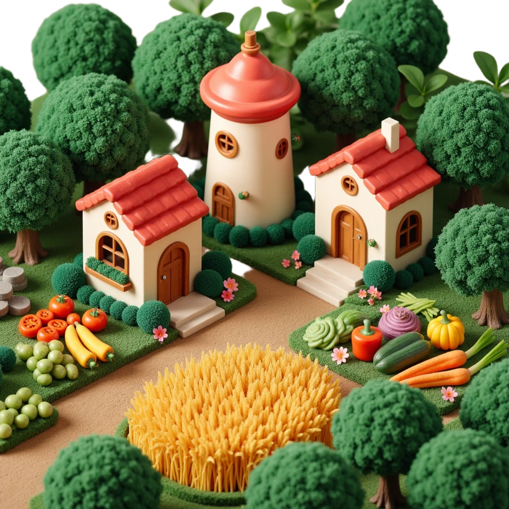 Exterior view of a whimsical jungle farm with cookie-factory-style buildings nestled in lush vegetation, wheat fields and colorful vegetables growing from rich soil, surreal atmosphere, no robots, emoji-style emoji