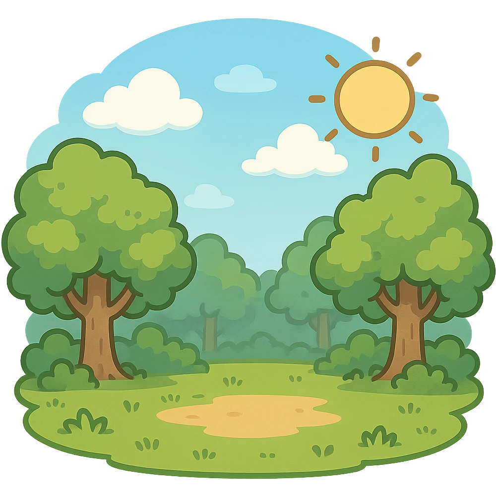 一张森林场景，中间是一片空地，蓝色天白云，太阳 emoji