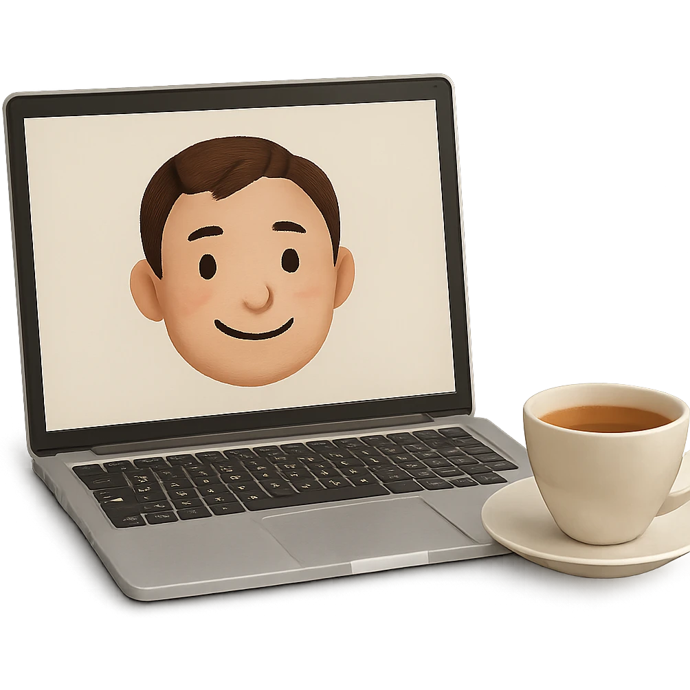a laptop with a normal human face inside the screen, next to a cup of tea, clear and friendly emoji