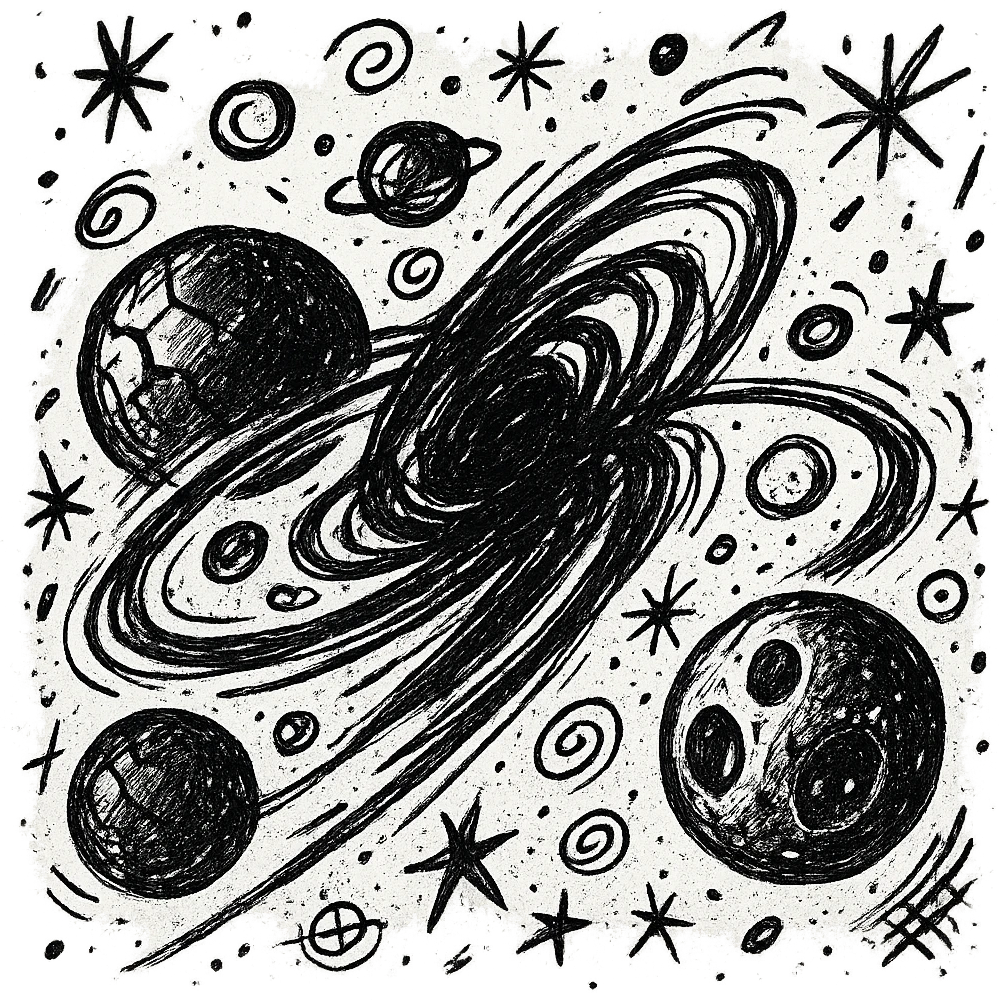 map of dark back ward -“A dark cosmic region orbiting a massive black hole. No sunlight. A dead solar system with twisted planets and moons circling in silence. Monde Noir looms in the foreground — a cracked, obsidian planet with no atmosphere. Its moon, Oblieth, floats nearby, scarred and pitted, with faint green lights glowing from within cave openings. Stars are distorted and streaked by gravitational lensing. The entire scene is heavy, quiet, and surreal.” emoji