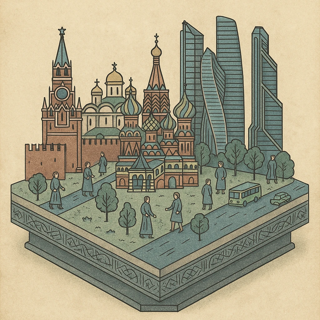 Изометричная миниатюрная 3D модель Москвы на подставке - фотореалистичный Кремль, собор Василия Блаженного, Башни Москва-Сити, аккуратная детализация, люди и автотранспорт, яркие цвета, мультяшный реализм, компактная композиция,  вид сверху в изометрии emoji