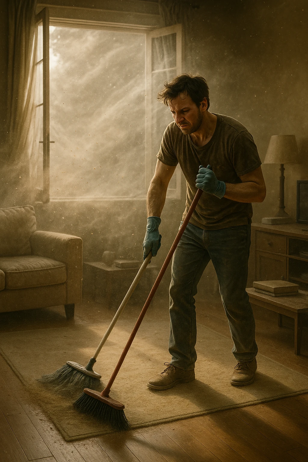 A realistic, cinematic image of a person cleaning a living room with a mop and broom, windows wide open letting in a strong gust of wind. Through the open windows, thick clouds of dust, pollen, and small debris visibly swirl into the room, floating in sunbeams that highlight the particles in the air. The person looks frustrated and tired, mid-action sweeping but clearly battling the incoming dust. Around the room, some furniture and surfaces already show a thin layer of dust settling. The scene is bathed in natural daylight with a slightly hazy atmosphere due to the airborne dust. The color palette uses warm, muted tones emphasizing the contrast between cleanliness efforts and the stubborn dirt and dust invading the space. The focus is on the tension between trying to clean and the unavoidable mess coming in from outside. emoji