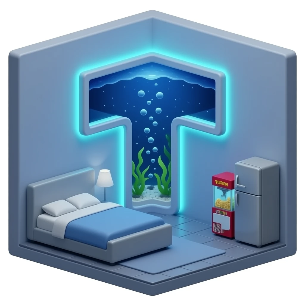 cool led room with bed, mini fridge, pop corn machine, a built in aquaruim wall with a giant t. emoji