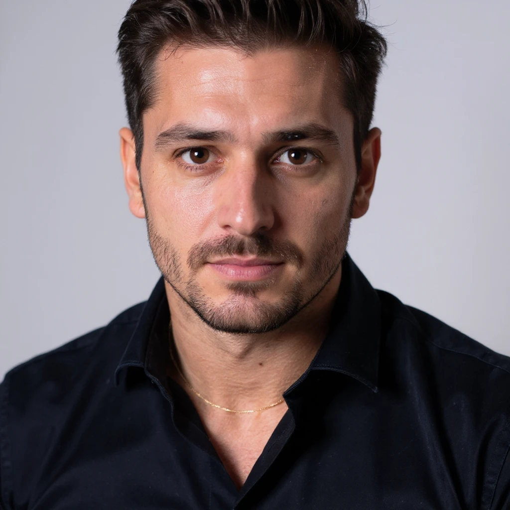 Vertical portrait of a man's face in a realistic professional photography style. The gaze is determined with warm light illuminating the face. Include symbols of purification and rebirth. The atmosphere conveys strength and regeneration during fasting. emoji