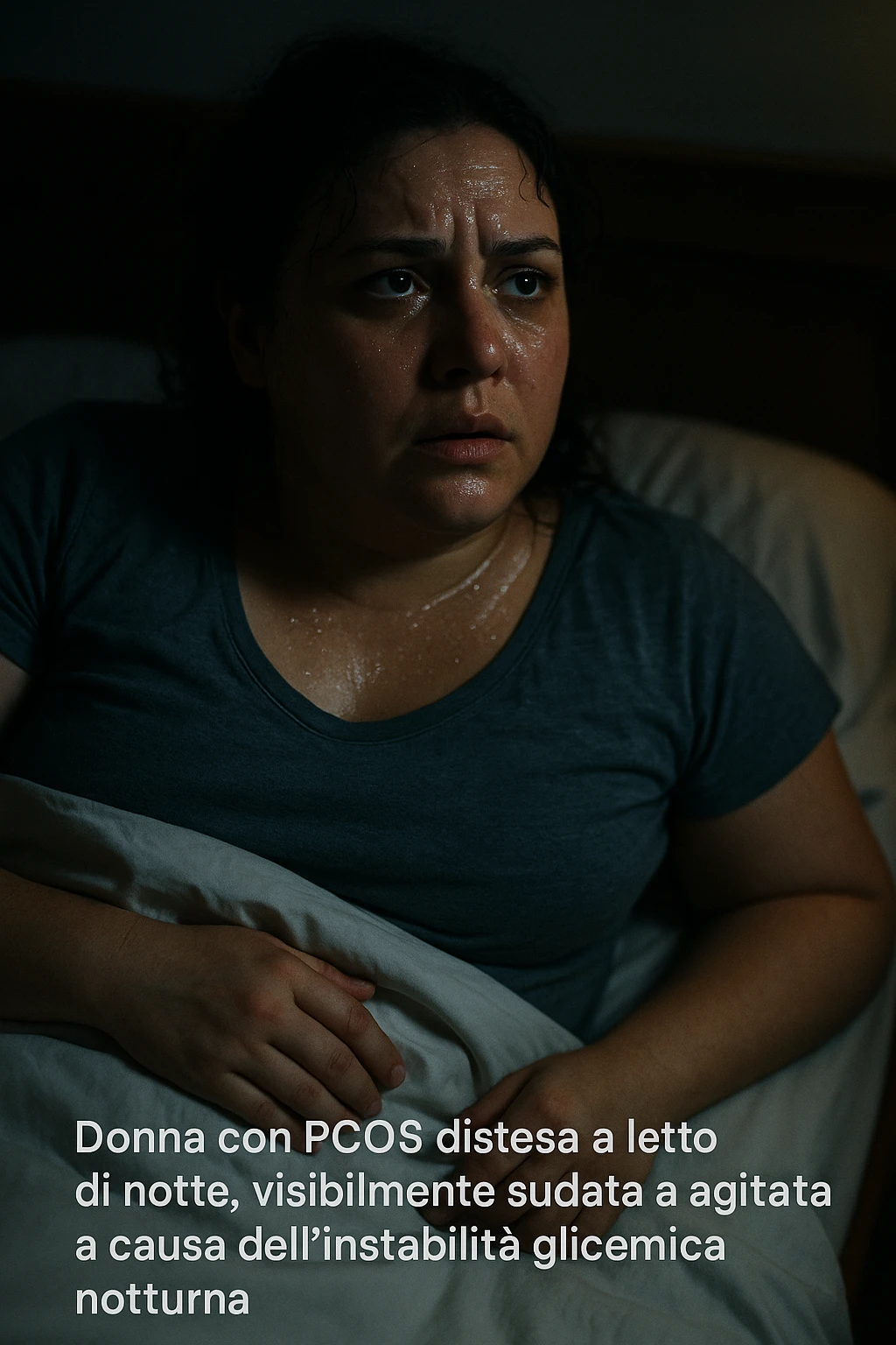 realistic and cinematic style image of a woman with PCOS in bed at night, visibly sweaty and agitated due to nocturnal glycemic instability, nighttime atmosphere, detailed realism, Italian captions, vertical 2:3 format emoji