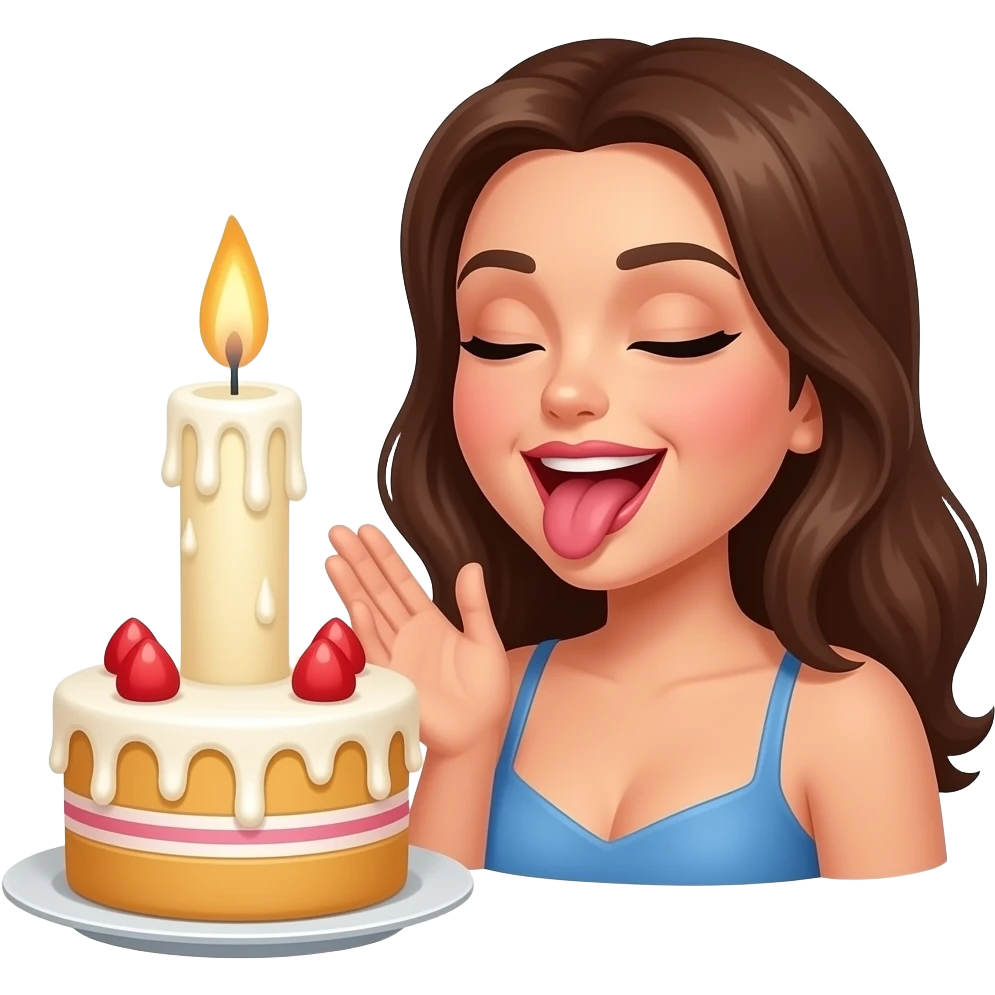 sexy girl mouth open sticking tongue out  with her eyes closed with a pleasure gesture   next to a  fat and giant single candle dripping a lot of  white wax on top of  a birthday cake emoji
