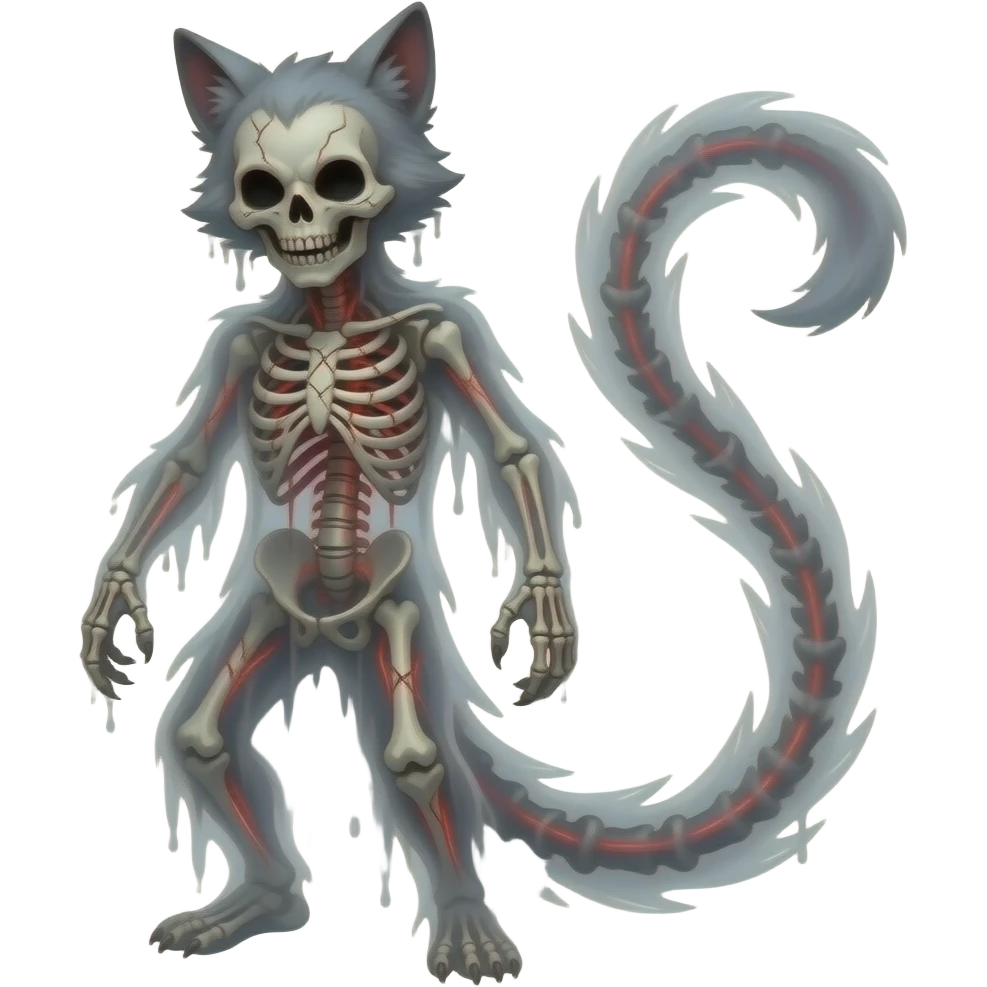 gory spectral spooky dark bleak greyish translucent diaphanous swampy gloomy ghostly dark dark-deep-greenish foggy eldritch scary realistic edgy fantasy ghoul-like vernid-sergal-fursona animal creature with a long thin bony tail and skull-face full body emoji