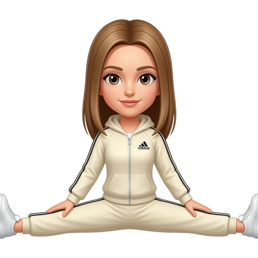 Light, light brown straight hair, brown eyes, straight hair, cream adidas track suit doing the splits gif emoji