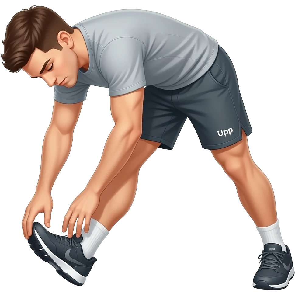 guy-in--grey--workout-shirt-and-shorts-standing-up,-bending-down-to-touching-toes-(stretching-down-by-touching-both-feet-_-toes-feet-together-not-split-apart-with-_upp_-written-on-his-shorts emoji