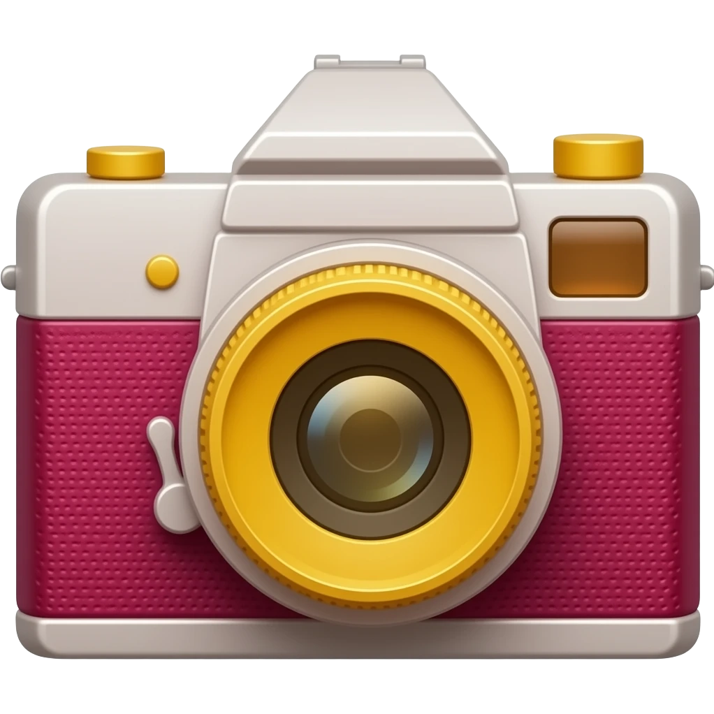 Glossy 3D rendered film camera emoji, detailed with distinct lens barrel and film reels, slightly rounded edges, vivid saturated berry (#B4018C) body, bright pure yellow (#FFF200) lens and accents, soft shading, white background emoji