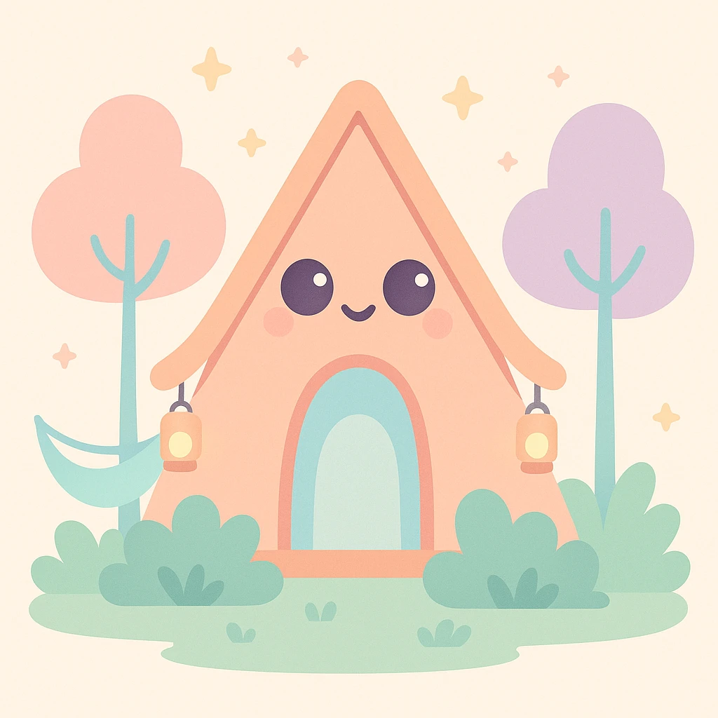 A-Frame cabin for glamping, whimsical style, with lanterns, hammocks, and lush greenery, playful and colorful emoji