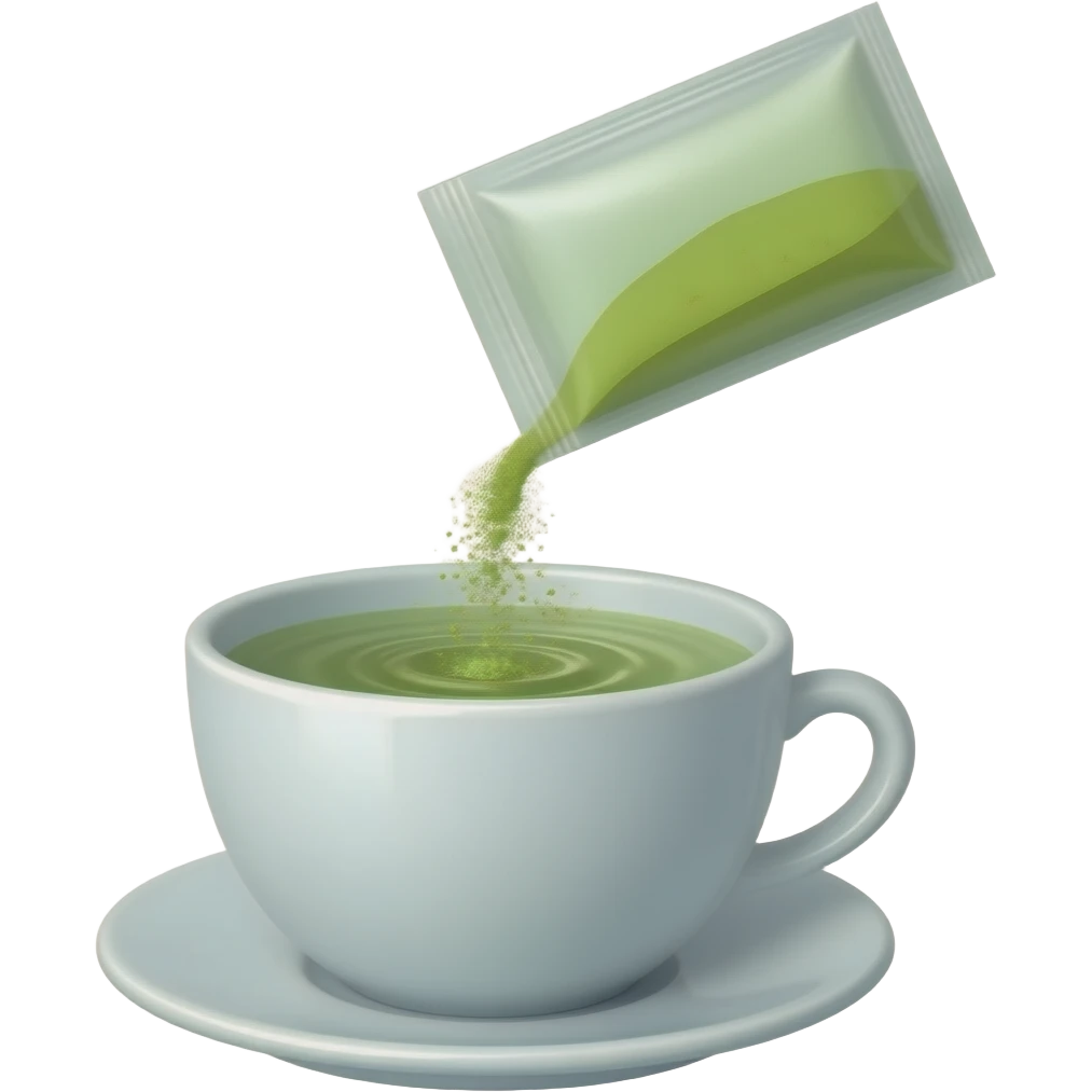 Minimal emoji-style illustration of matcha powder being poured into a cup with water.
Fine green matcha powder falling from a sachet or spoon into the liquid, visible mixing moment.
Clean, simple shapes, soft green tones, light beige (off-white) cup, centered composition, minimal background. emoji