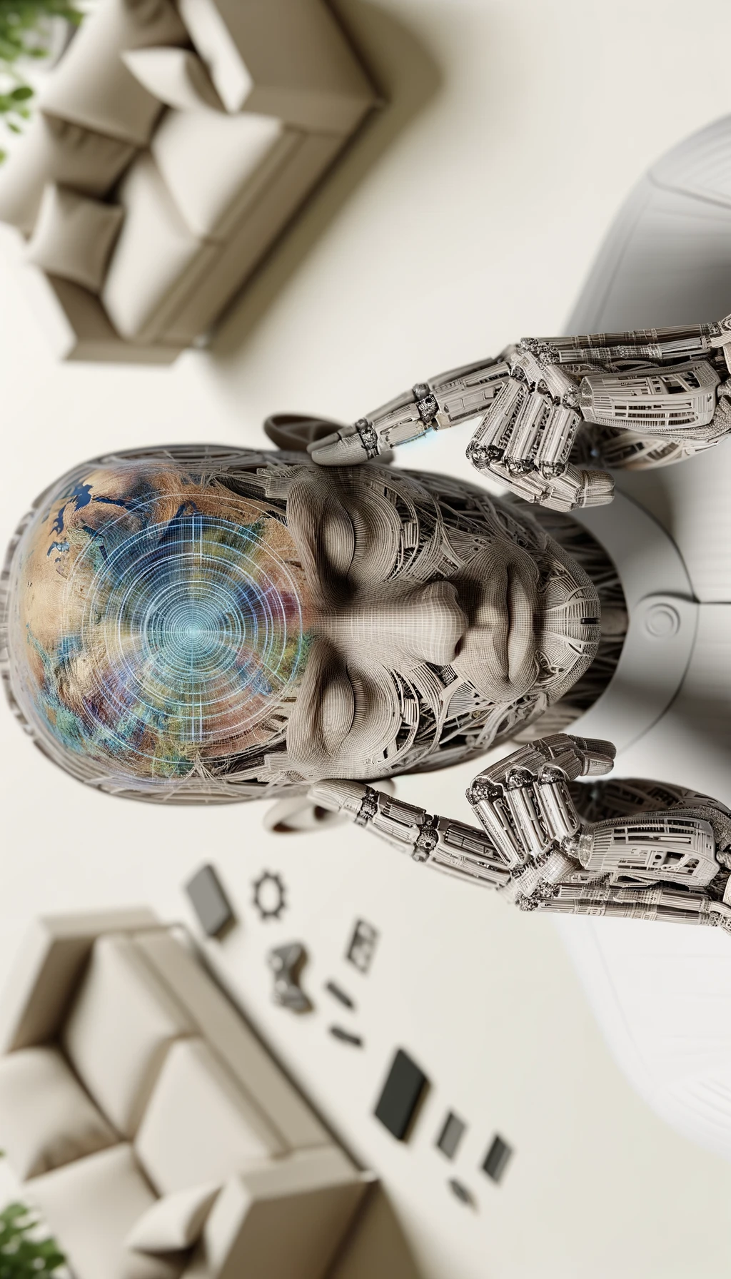 CORPO UMANO ANATOMICO steso sulle lenzuola sul materasso visto dall'alto che si concentra con gli occhi chiusi e le mani sulle tempie, SFONDO CHIARO NEUTRO, iperrealistico 4k emoji