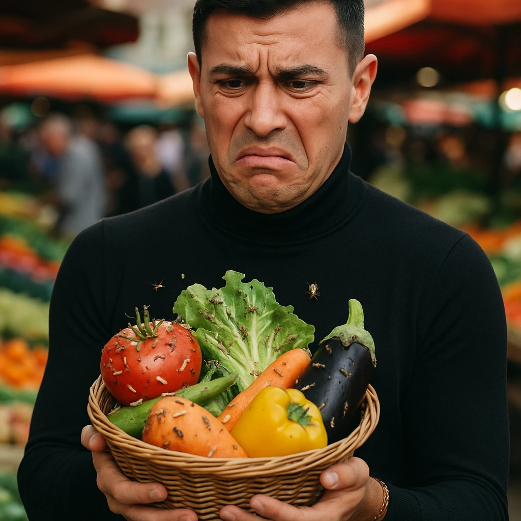 Create a realistic or semi-realistic style image of a 30-year-old man inspired by the reference image, holding a basket of fresh produce. The man has a disgusted expression. The fruits and vegetables have visible tiny insects and larvae. The background is a market. Emphasize strong contrast between freshness and contamination, with a health warning tone. emoji