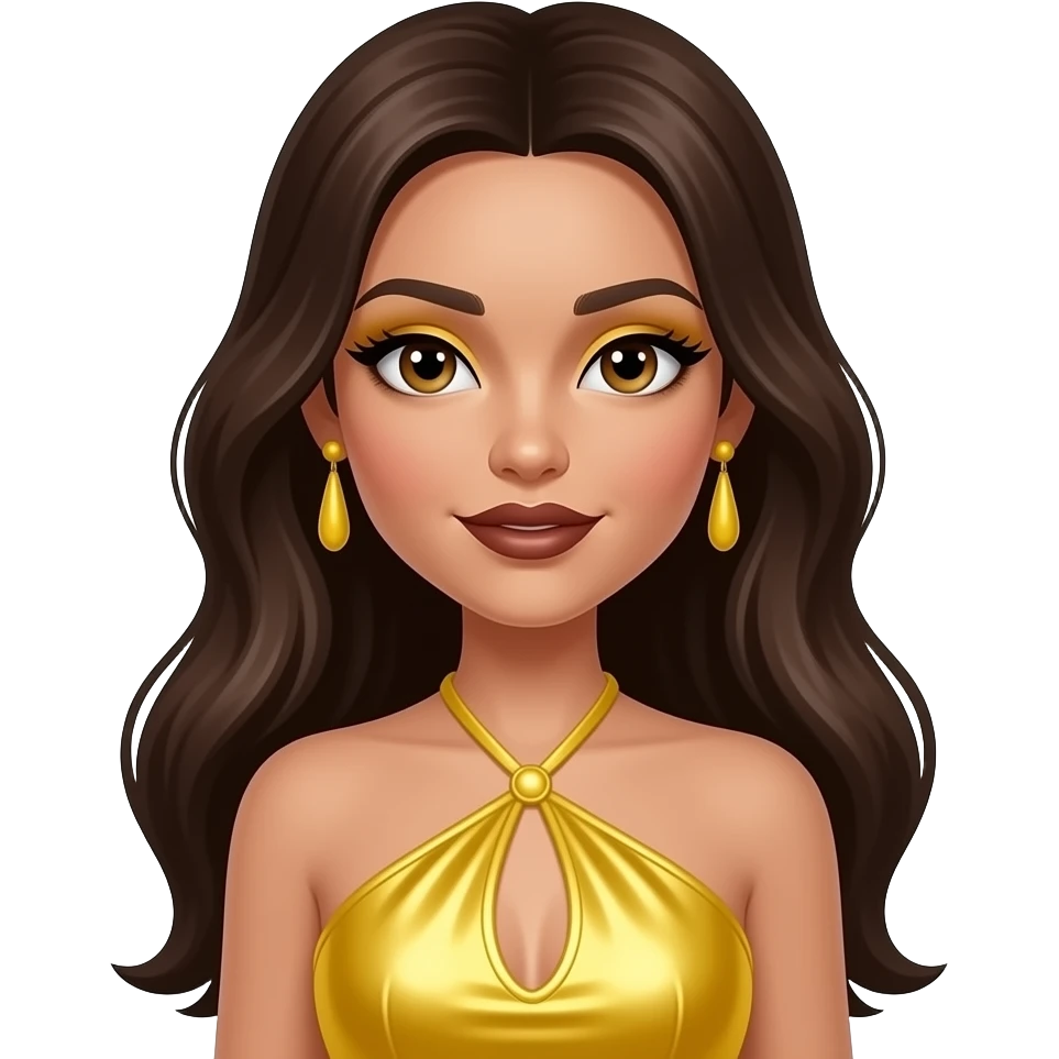Sasha from Bratz with hazel eyes, long dark brown hair, yellow eyeshadow, dark brown lipstick, yellow metallic halter dress, yellow earrings emoji
