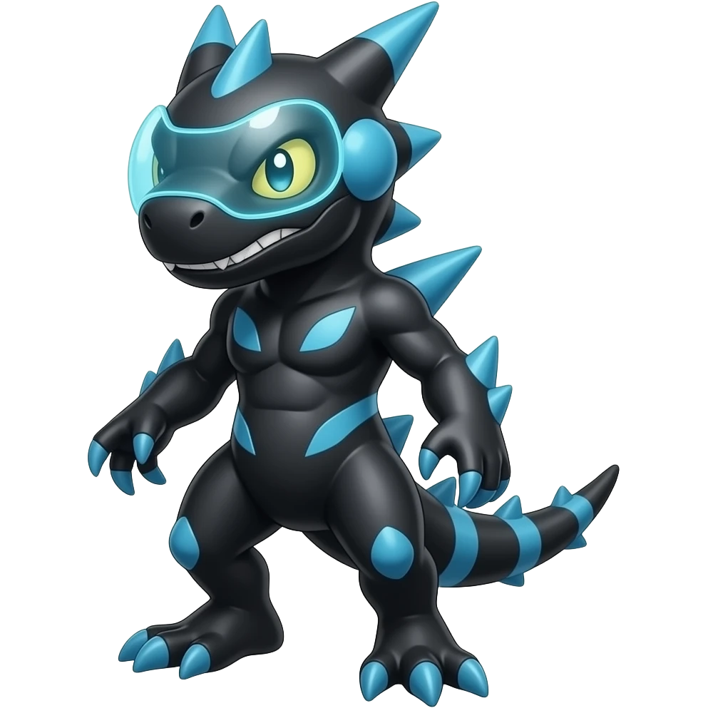 a black Genesect-Raptor-Fakémon—hybrid with a futuristic visor-helmet full bodya black-blue Genesect-Raptor-Fakémon—hybrid with a futuristic visor-helmet full body emoji