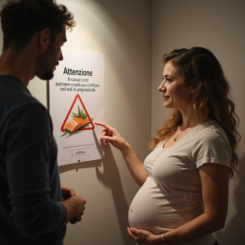 realistic pregnant woman in 4K pointing to a sign that says: 'Attenzione il consumo di salmone crudo puo comportare rischi in gravidanza' to a friend emoji