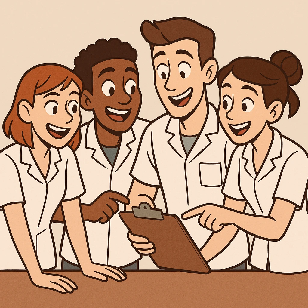 quatre étudiants infirmiers en équipe, blouses blanches manches courtes, pas de sous-pull, pas de stéthoscope, interaction amicale, cartoon moderne emoji