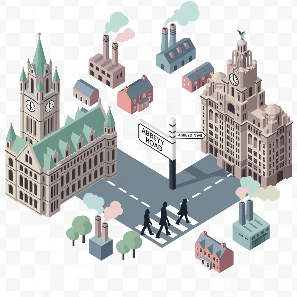 Isometric illustration of Manchester and Liverpool combined, featuring Beatles references (Abbey Road sign), Manchester Town Hall, toy-style factories, muted pastel tones, transparent background emoji