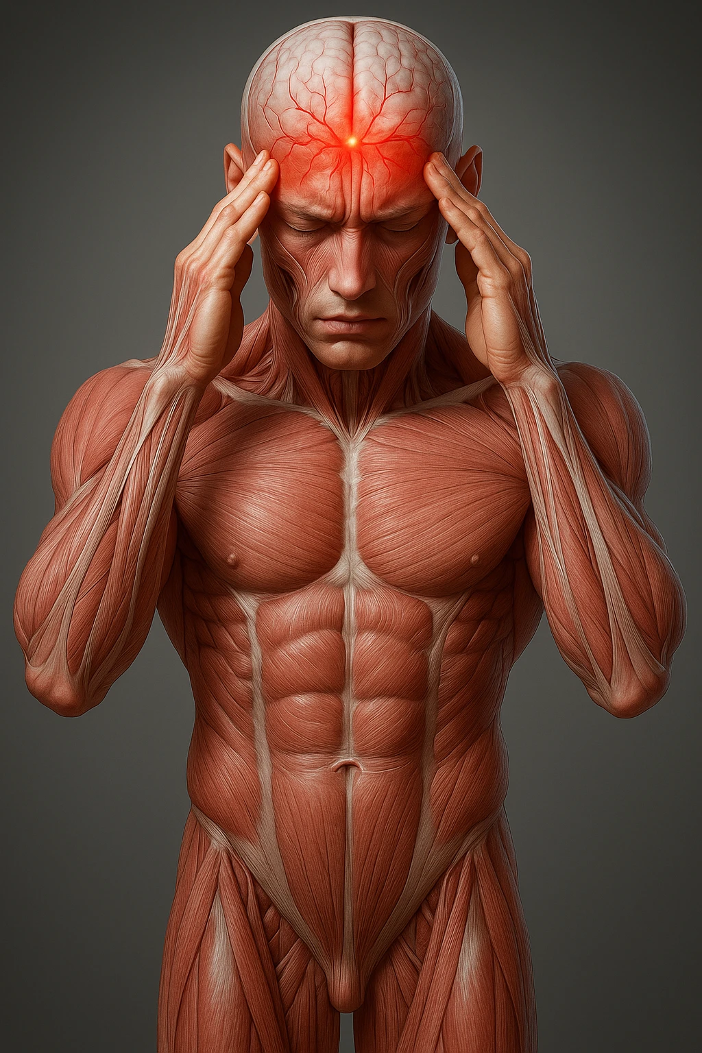 Full figure, hyperrealistic 4K medical illustration, exactly matching the style, pose, and composition of the reference: anatomical human body holding fingers on temples, contracted forehead, red spot on the forehead, expression of pain, clear background, extremely detailed, same lighting and style as reference. emoji