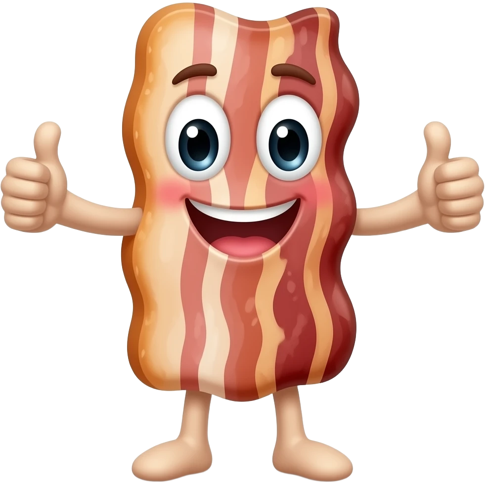 a cartoon 3d style image of a slice of Bacon with arms legs & a happy face giving the thumbs up emoji