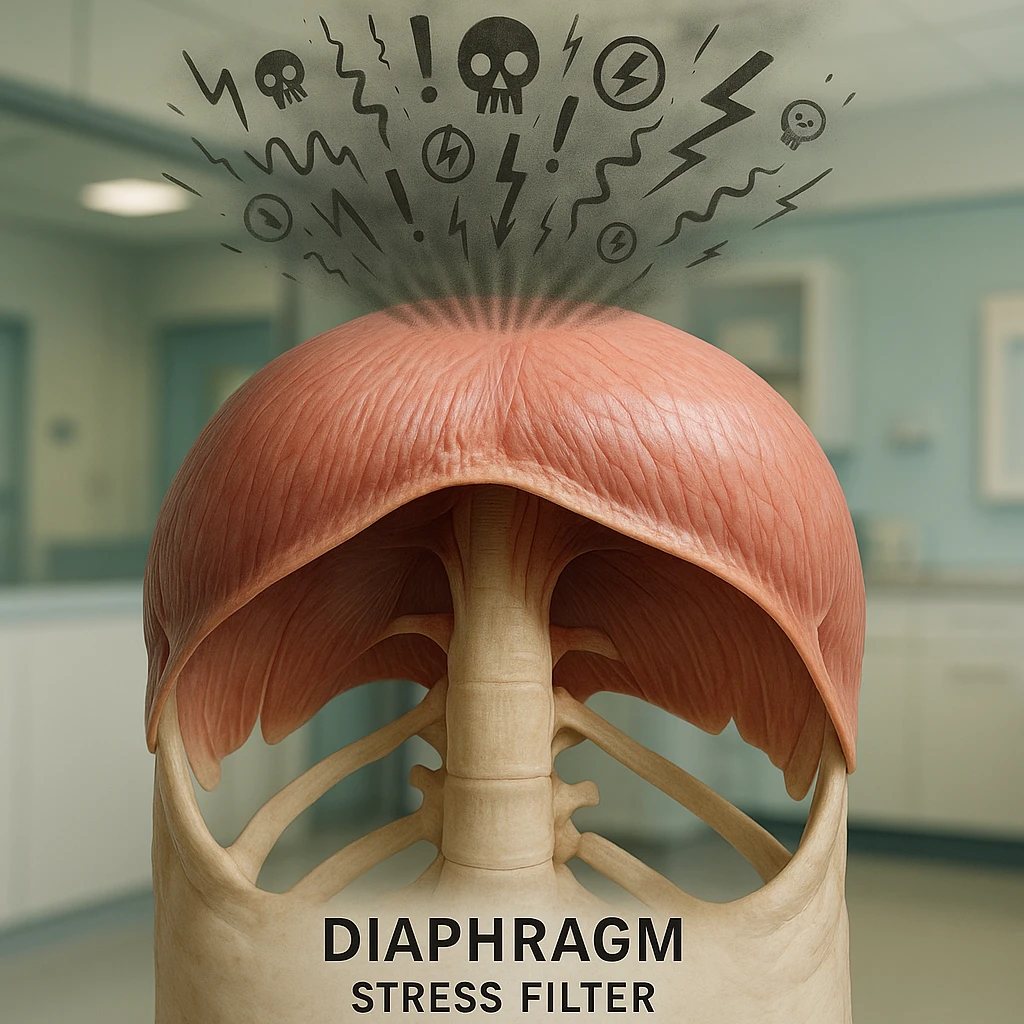 hyper realistic human diaphragm as a stress filter, anatomical details, diaphragm blocking or filtering stress waves or symbols coming from above, clinical atmosphere, natural colors, modern medical environment emoji