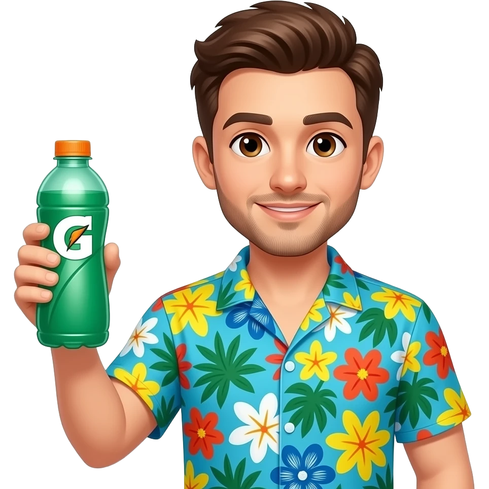 Cute pale skinned guy wearing Hawaiian shirt with brown hair and brown eyes and light facial hair with hair parted to the right side holding up green Gatorade water bottle emoji