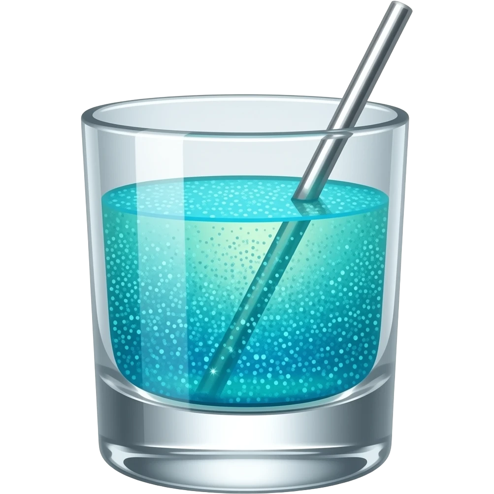 turquoise colored cocktail in shot glass with chrome thin swizzle stick with sparkles emoji