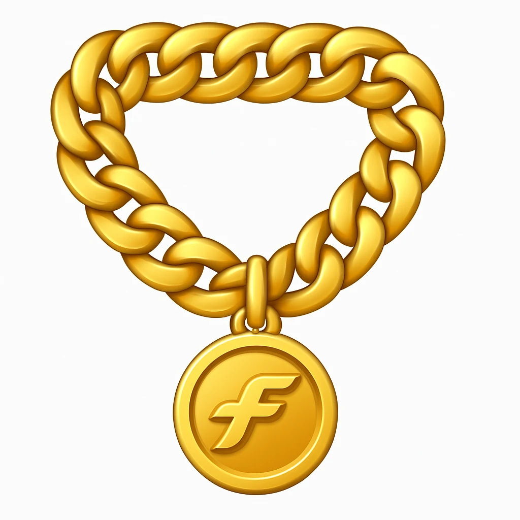 Create a gold chain emoji exactly like the reference image in iOS emoji style. Match the same shape, color, and texture, making it shiny and smooth with a medallion. Add a subtle highlight to the emoji. emoji