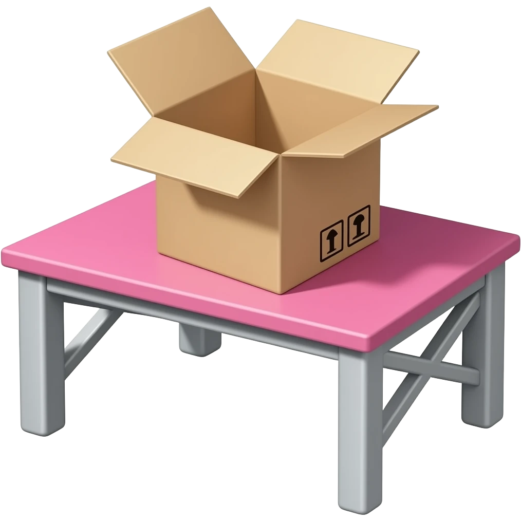 Pink warehouse table with open box on it emoji