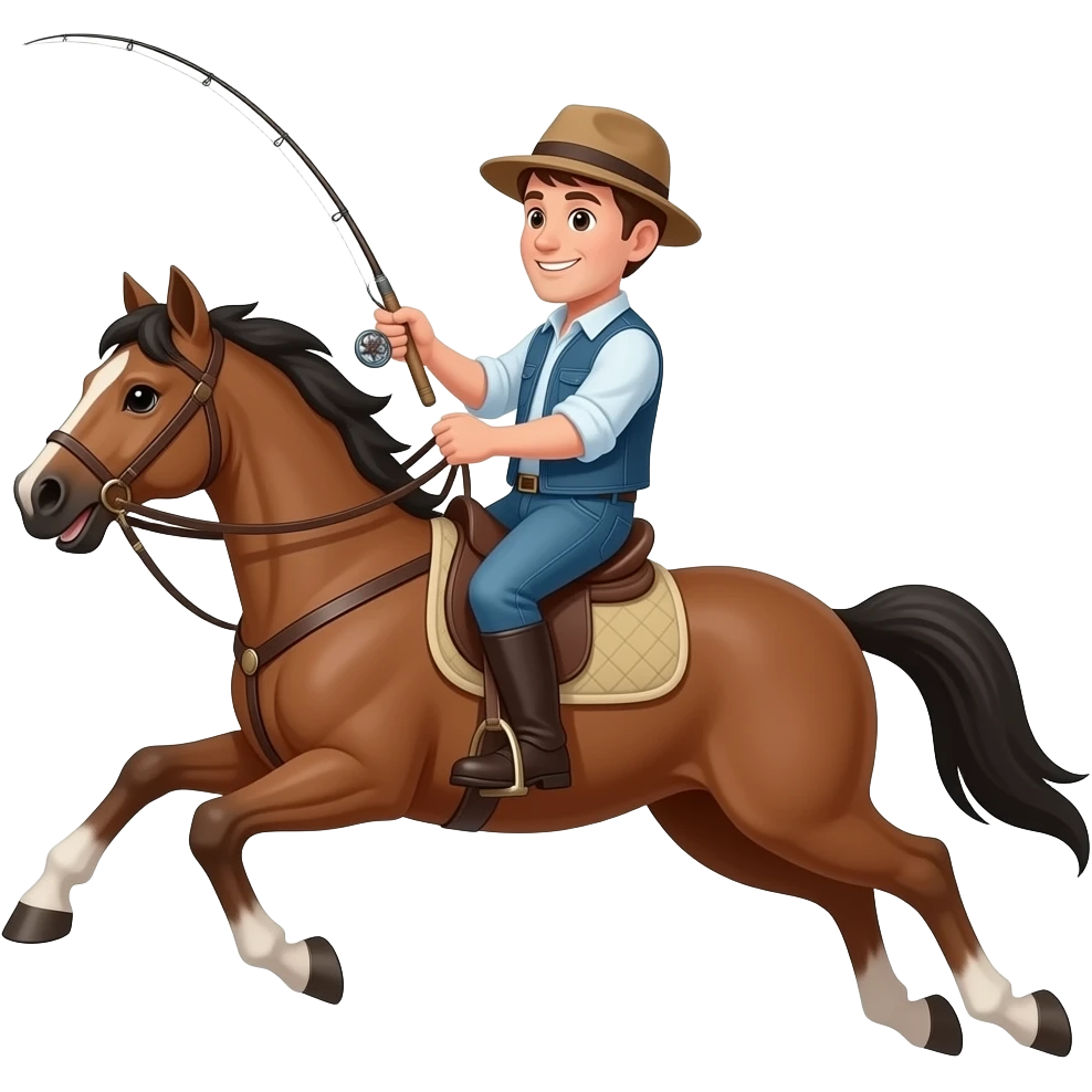 a guy flying off a horse with a fishing rod in his hand emoji