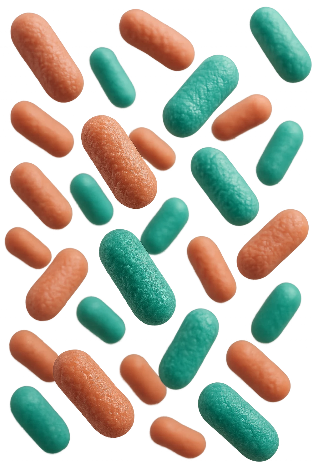 batteri intestinali rosa salmone e turchesi fluttuano in aria, iperrealistici 4k emoji