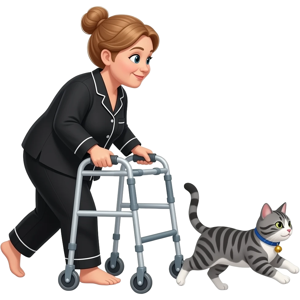 Tiny moving emoji, Middle aged, a little heavy set, d, light auburn hair in a bun, woman in  black pajamas using walker, chasing after a fast grey and white tabby cat with a blue collar with round bell emoji