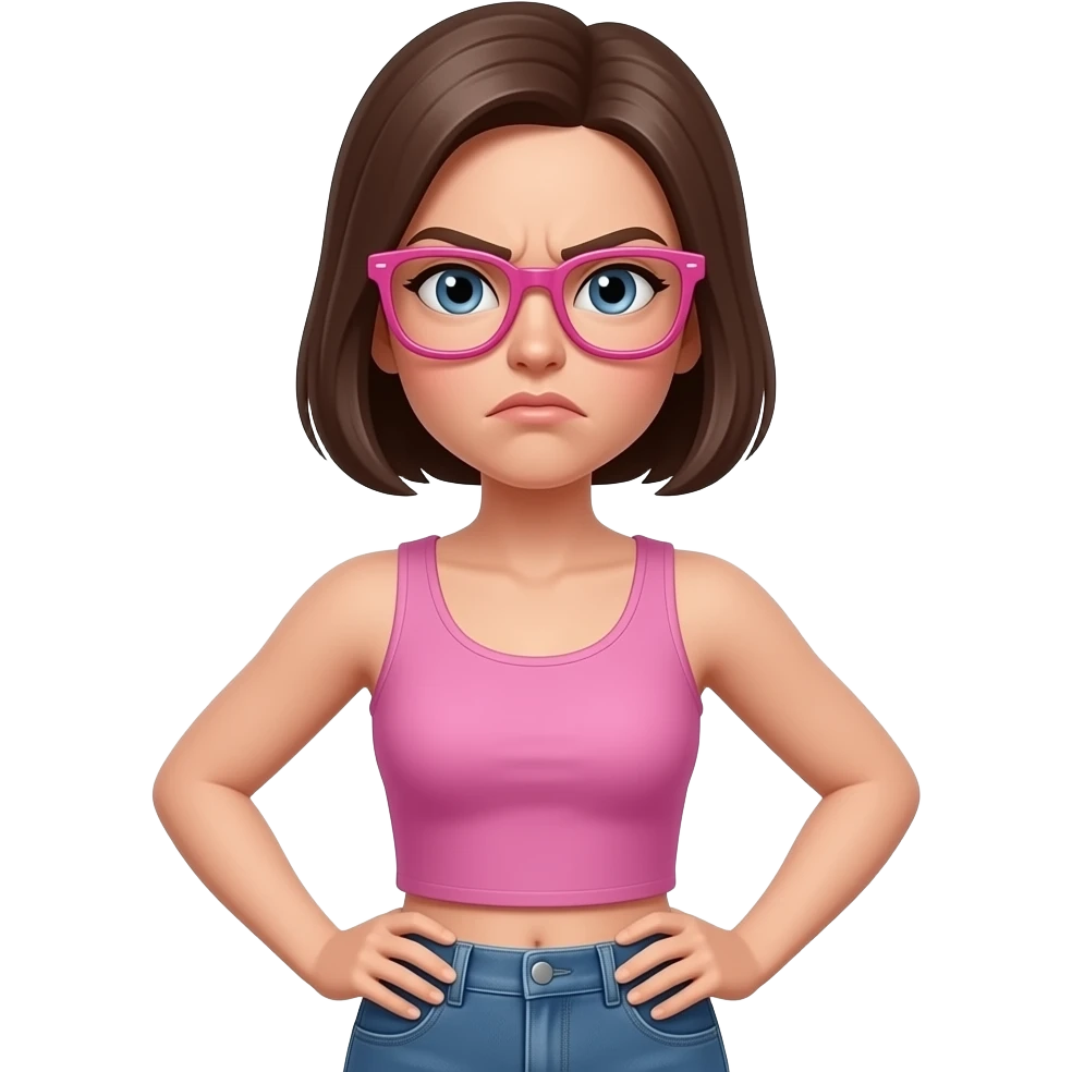 Pissed off woman with a pink bob glasses and hands on hips. emoji