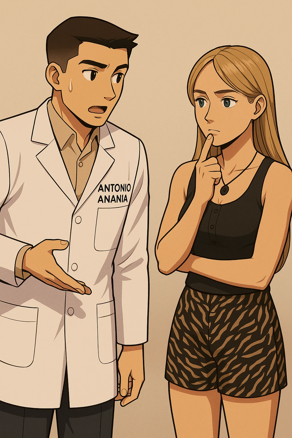 fai un webtoon/manga a colori con questo kinesiologo in camice bianco (fagli la scritta "ANTONIO ANANIA" SUL CAMICE) CHE PARLA CON QUESTA RAGAZZA CON GLI OCCHI AZZURRI. la ragazza HA UN DITO SUL MENTO MENTRE PENSIEROSA gli fa una domanda e IL KINESIOLOGO CON IL CAMICE BIANCO LE risponde. NON FARE I FUMETTI, FAI SOLO LORO COME SE DIALOGASSERO emoji