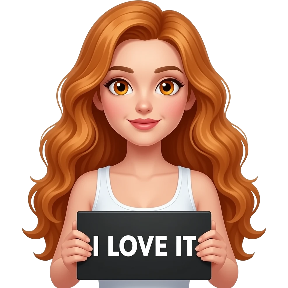 sexy girl with long wavy ginger hair and ginger eyes wearing a white tanktop is holding a black colored sign with I LOVE IT written on it emoji