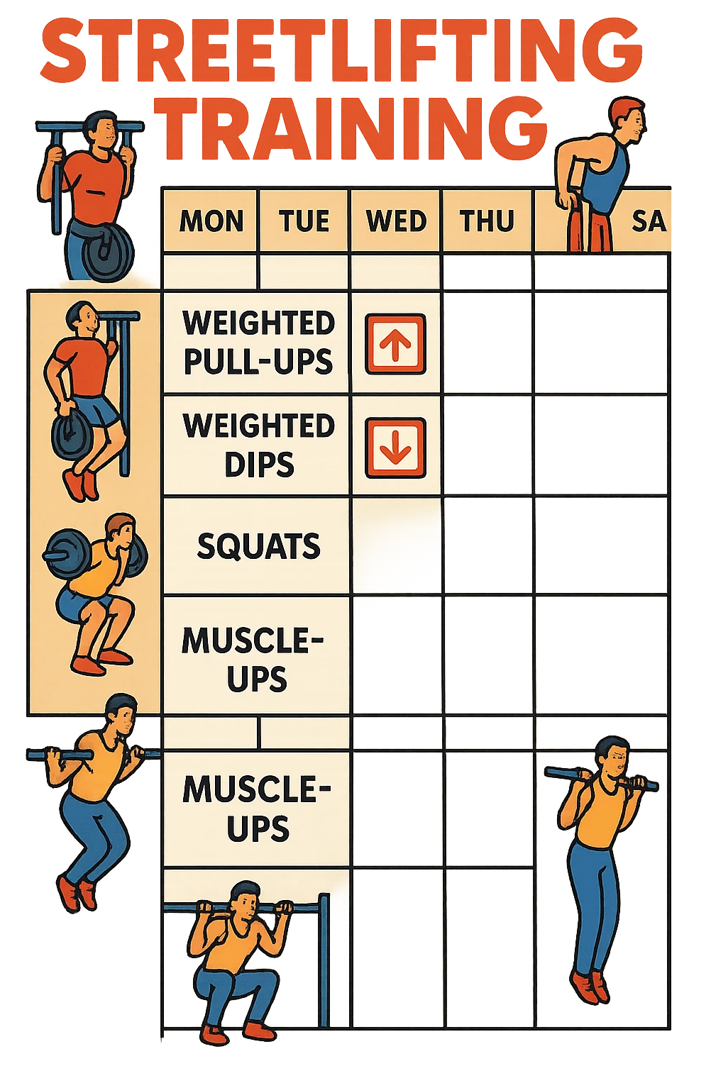 a streetlifting training sheet with icons for each exercise—weighted pull-ups, weighted dips, squats, muscle-ups—organized in a weekly schedule. Around the sheet, small illustrations show athletes performing each movement with proper form. The color palette is bold and energetic, and the background is clean and minimal. emoji