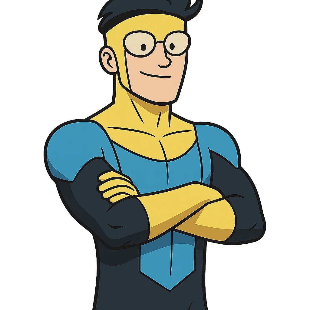 invincible superhero in blue and black suit with yellow details arms crossed cartoon style emoji
