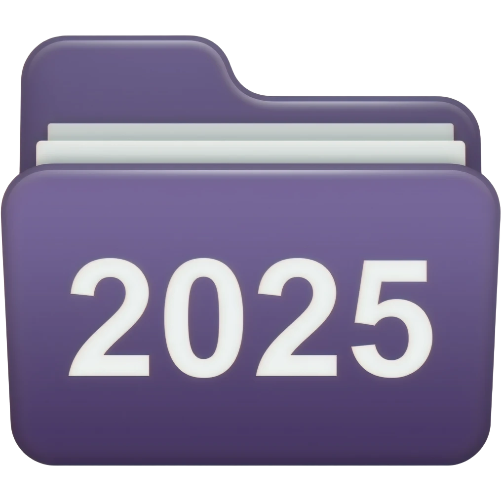 2025: Deep purple folder inset with white "2025" text. emoji