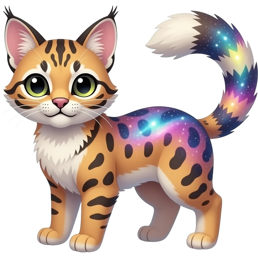 Colorful nebulae nebula starry galactical shiny tropical pale light fruity pastel white glorious iridescent divine exotic cute cool beautiful fantasy-caracal-civet-genet-sergal-vernid-Cacomistle-Trico-oncilla-animal-Fakémon-hybrid-fursona (full body) emoji