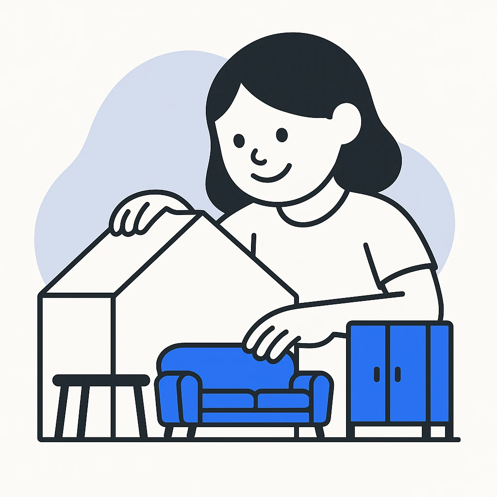 smiling girl arranging furniture in doll house emoji