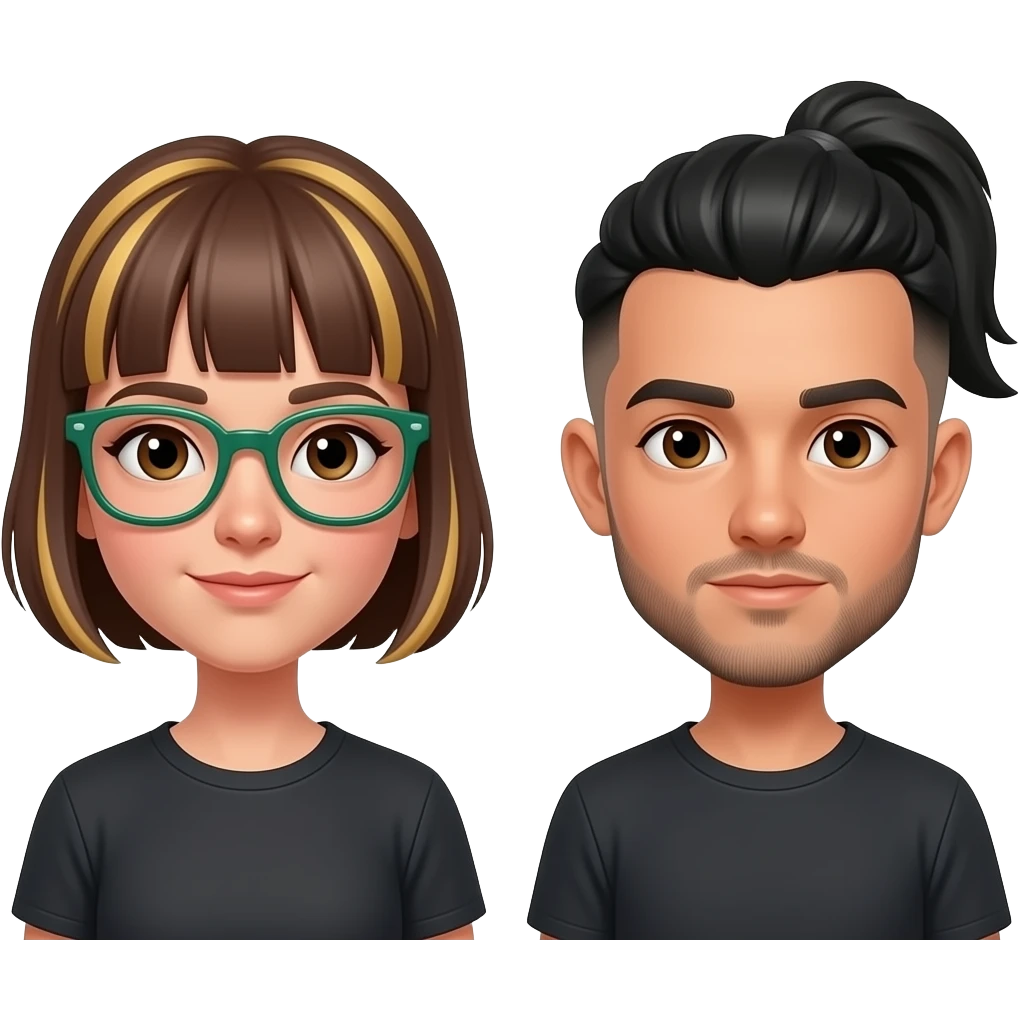 Chica con pelo corto marron con mechas rubias sin moña con gafas de pasta verde y al lado chico con pelo negro corto con media moña a un lado casi calvo no tiene mucha densidad de pelo y baba corta con bigote corto pero que se note que tiene pelo los dos con ojos oscuros emoji