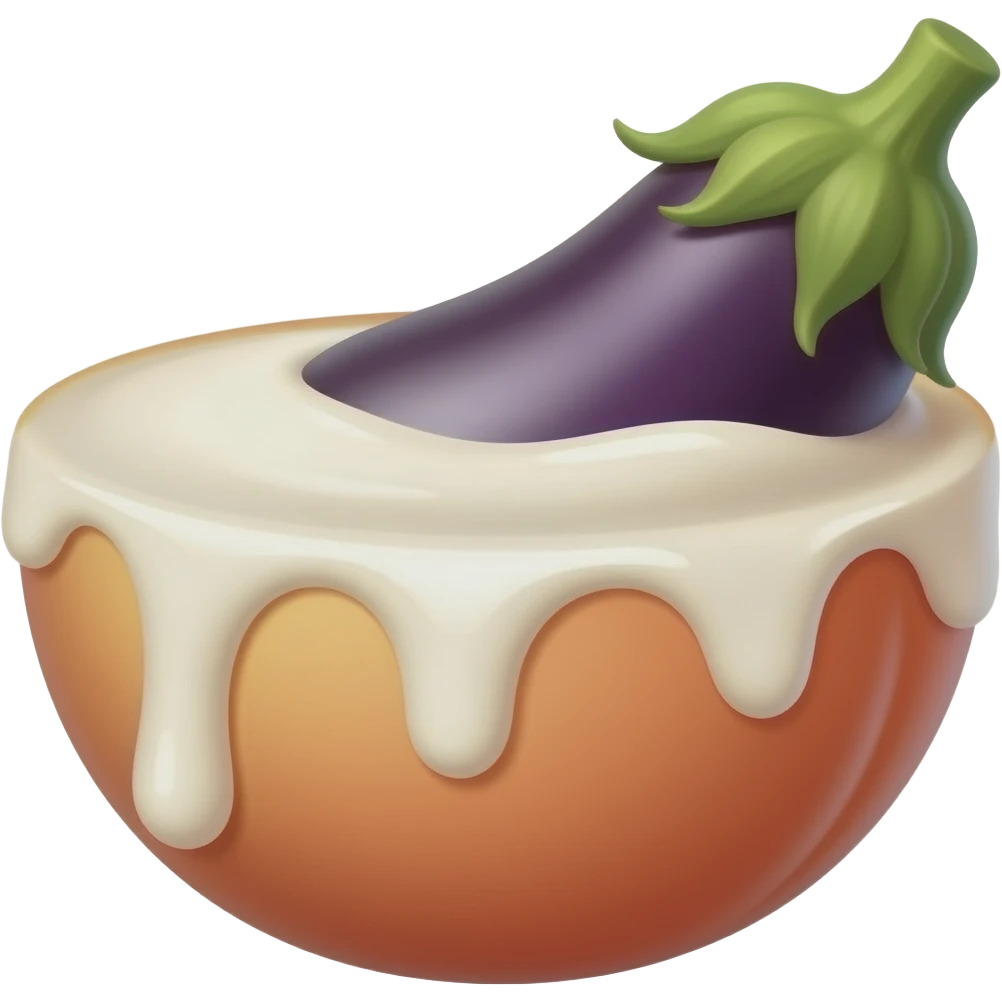 Eggplant peach emoji with white cream dripping from peach but eggplant not going through the peach but in it and a lot of cream emoji