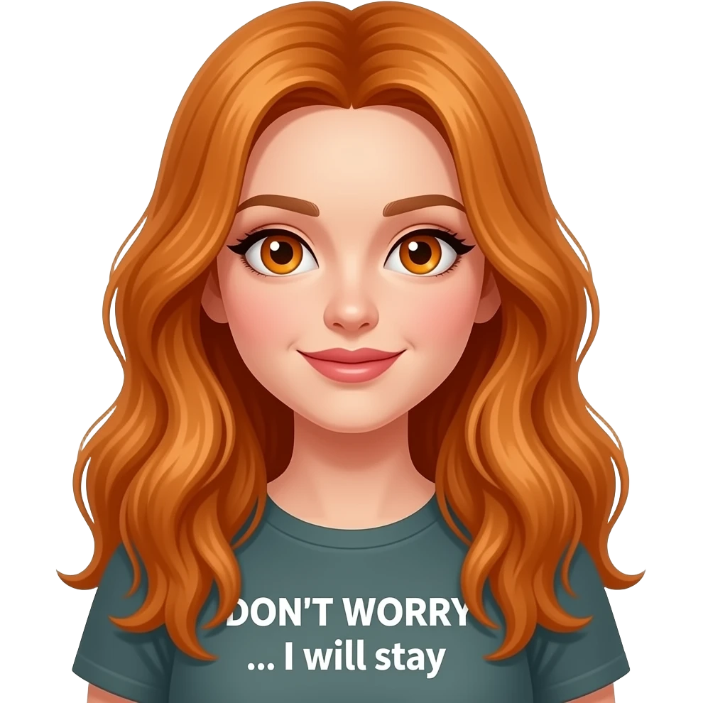 sexy girl with overlong ginger hair and ginger eyes wearing a top with DON'T WORRY... I will stay written on it emoji
