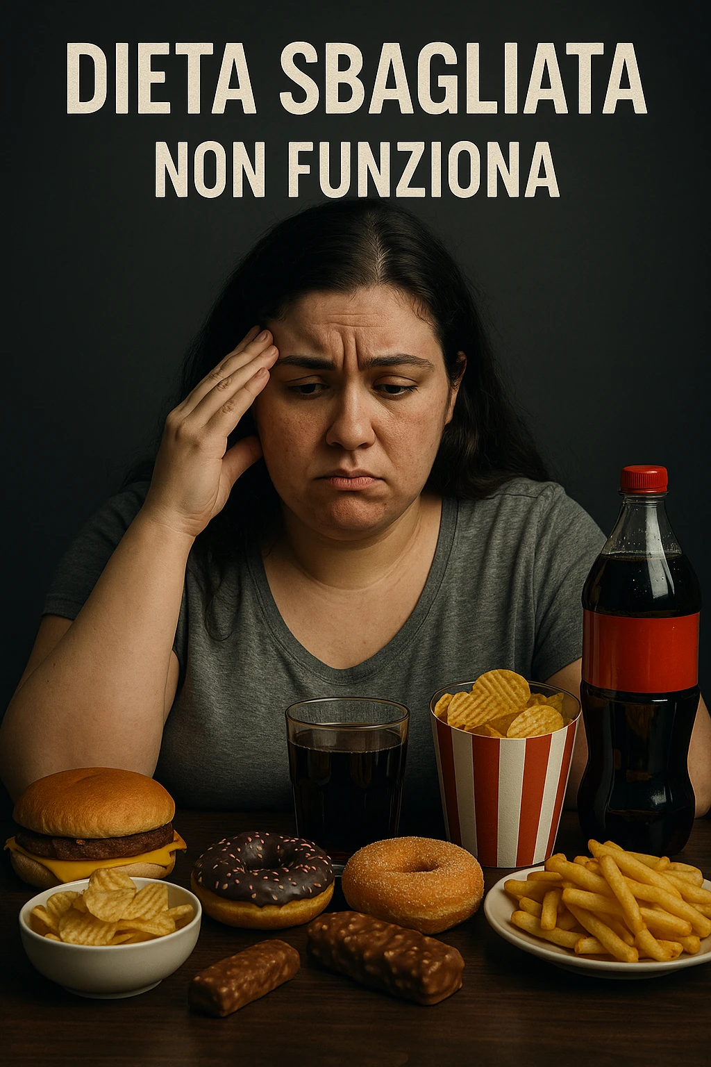 vertical realistic cinematic image in Italian: woman with polycystic ovary syndrome doing generic diets, visibly dissatisfied or confused, with wrong diet foods and captions in Italian, aspect ratio 2:3 emoji