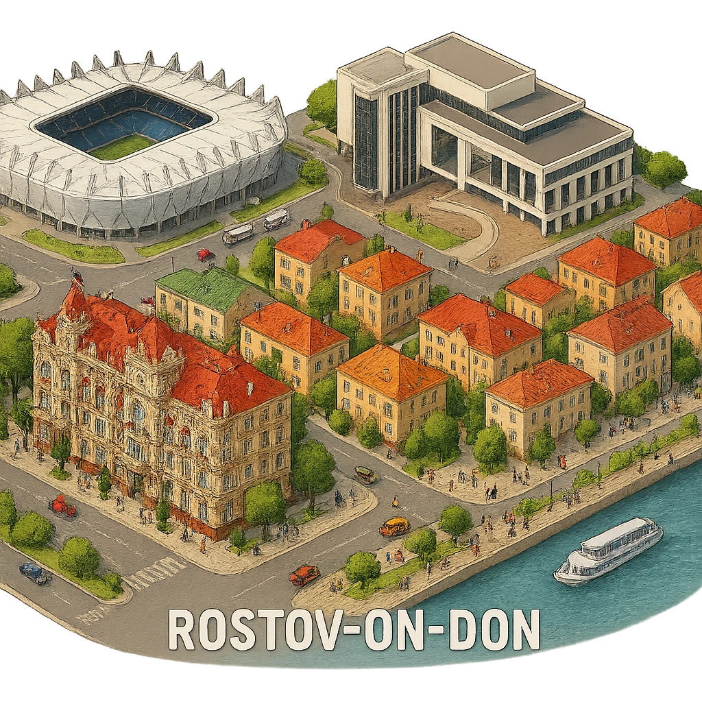 Изометричная чёткая миниатюрная фотореалистичная 3D модель панорамы Ростова-на-Дону — фотореалистичное Здание городской думы Ростова-на-Дону (Городской дом), Ростов-Арена, Ростовский театр драмы имени Горького, набережная Дона, люди, несколько типичных ростовских домов, автотранспорт. Вид сверху в изометрии, яркие цвета, мультяшная рисованная реалистичность, прозрачный фон, компактная композиция. emoji