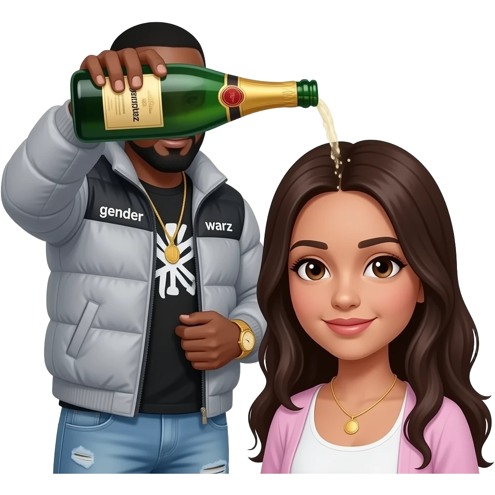 Black guy named Stackpack puffy jacket that says gender warz on it. Gold watch pouring champagne on a girl emoji
