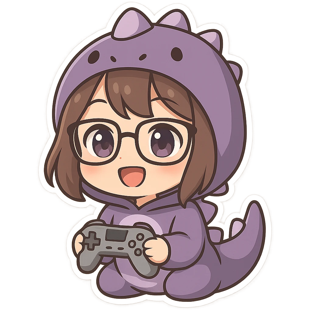 chibi anime style gamer girl with glasses, brown hair, dark purple eyes, wearing a purple dinosaur costume, happy emote, no controller emoji