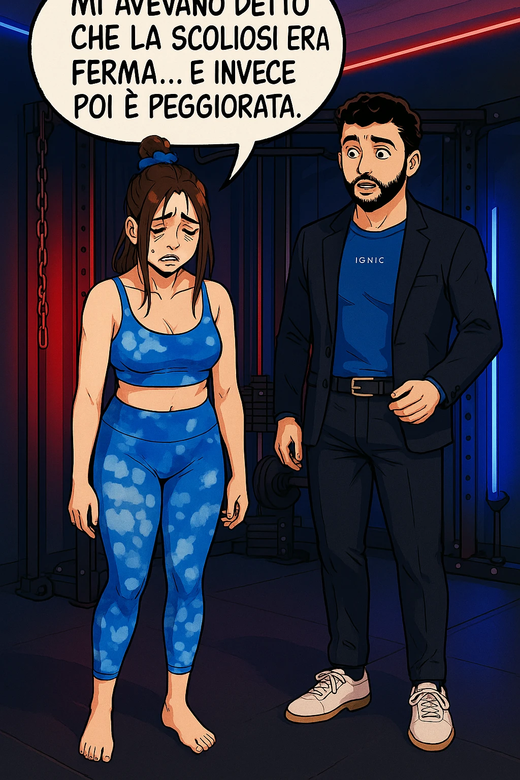 fai questa immagine in versione fumetto/manga/webtoon a colori, il manga mostra la donna disperata con un fumetto sulla testa che dice:
Mi avevano detto che la scoliosi era ferma… e invece poi è peggiorata.
 emoji