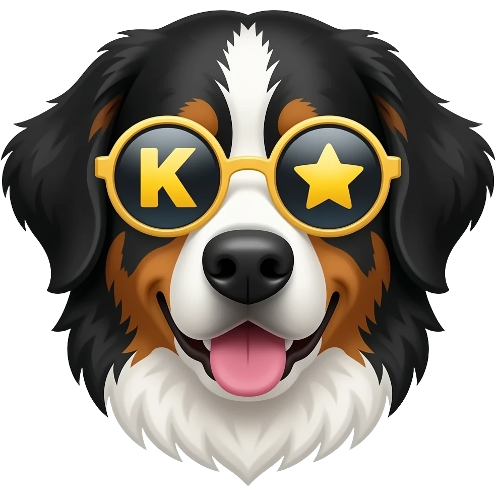 a bernese mountain dog face with a slurpie that is form circle k and wearing star sunglasses emoji